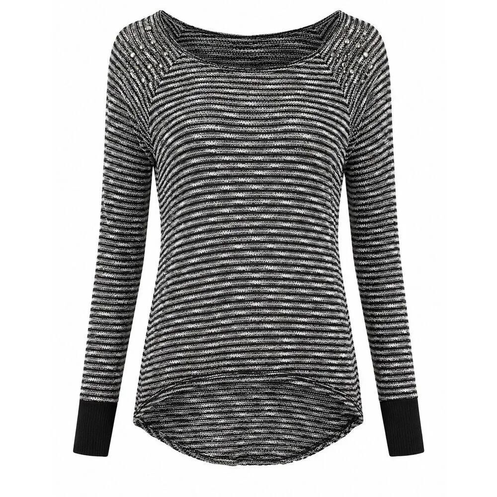 FANG Womens Striped Sweater Women Size M Embellished Studded Textured Top Hi Low